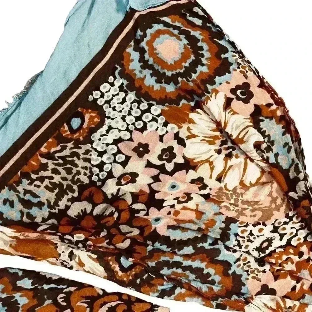 Vera Bradley Women's Floral Scarf Beige Brown Blue Fringe Fall Fashion
